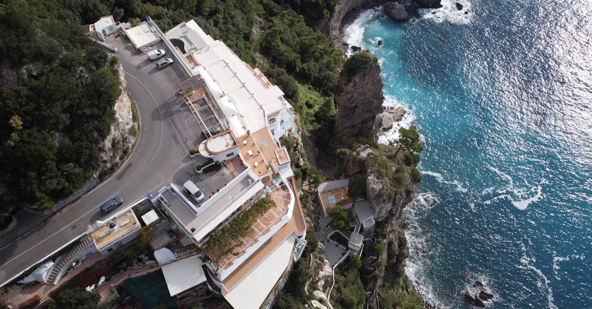 Stunning bird's-eye view of a coastal hotel on the Amalfi coast, Italy.