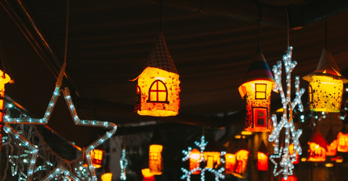 Charming lanterns and star decorations create a festive indoor atmosphere at night.