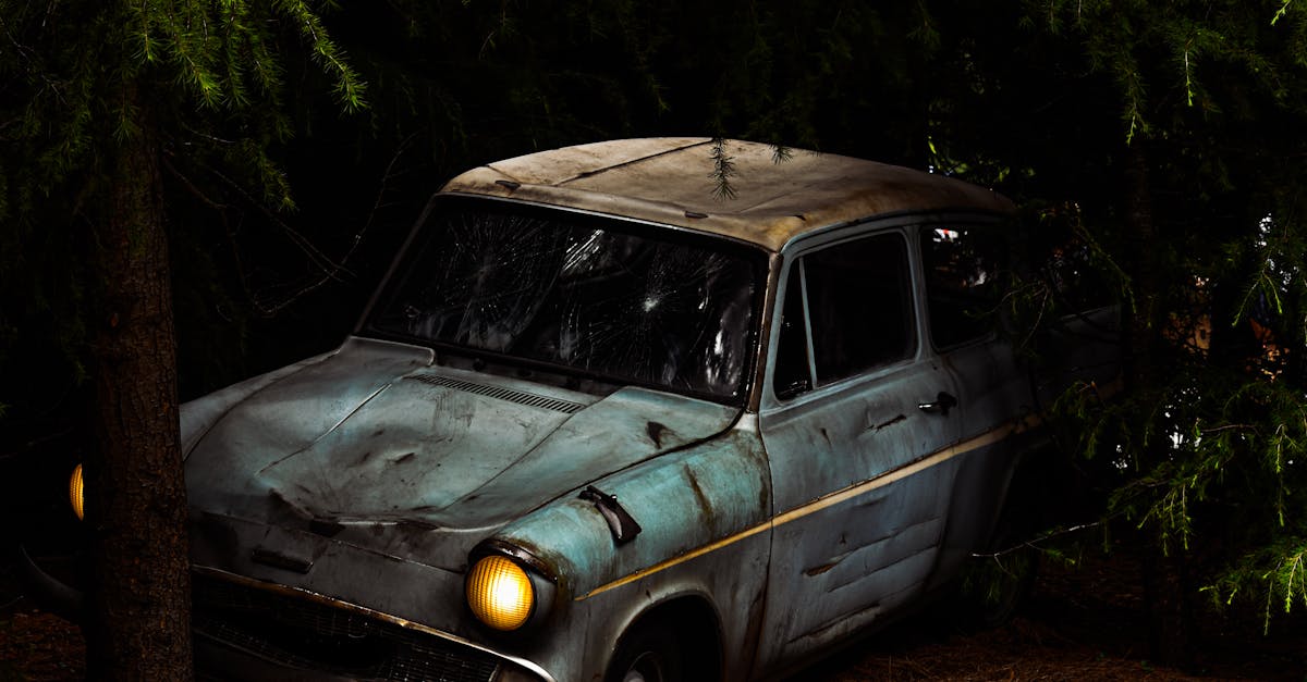 Explore the eerie charm of a vintage rusty car nestled in an overgrown forest setting.