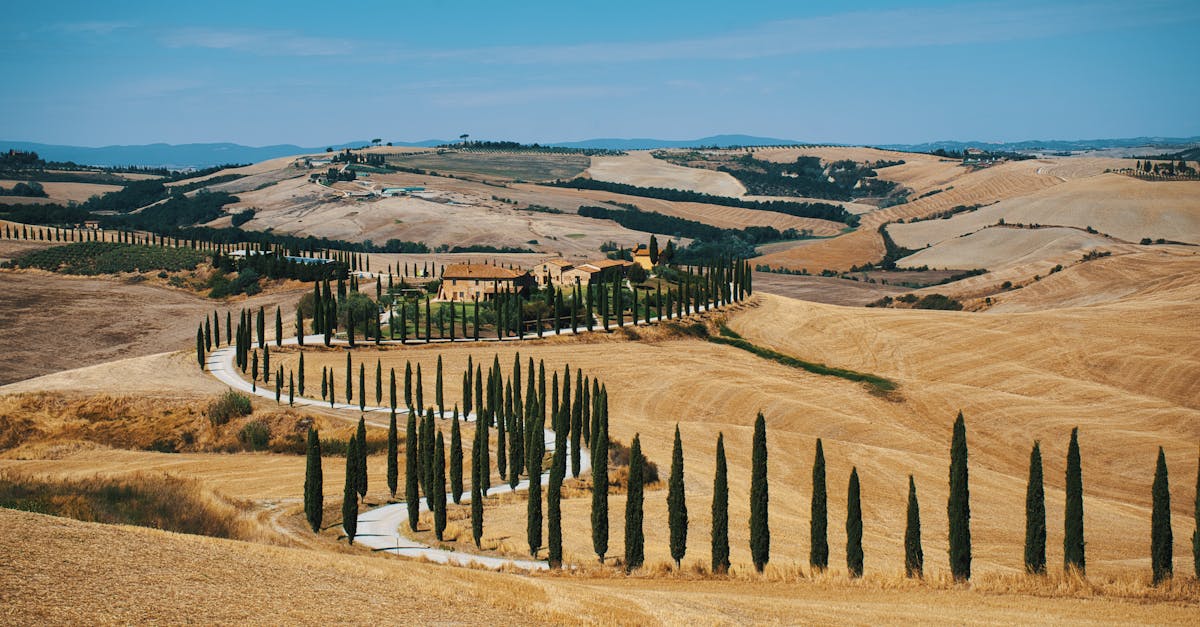 Beautiful Tuscan countryside with a winding, cypress-lined road and rustic villa under a blue sky.