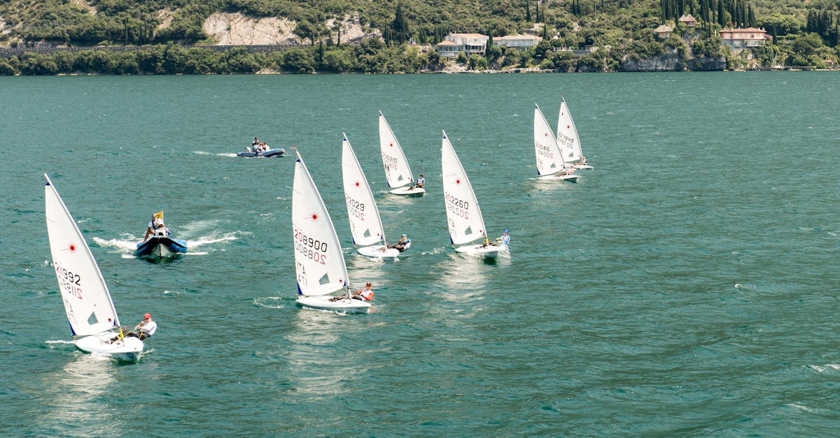 Aerial view of sailboats competing in a race on Lake Garda, Italy.