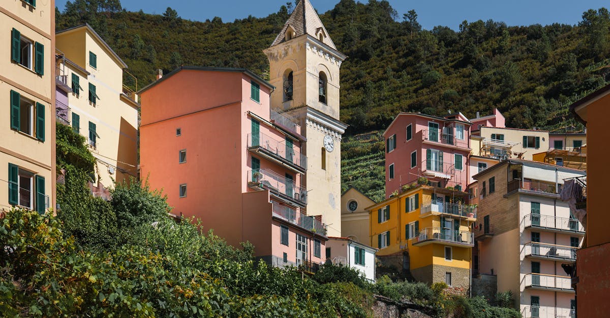 Brightly colored houses and a church tower in Manarola, Italy, create a picturesque hillside view.