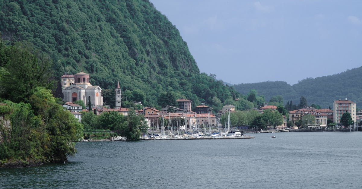 Charming coastal village with marina and lush greenery overlooking the serene water.