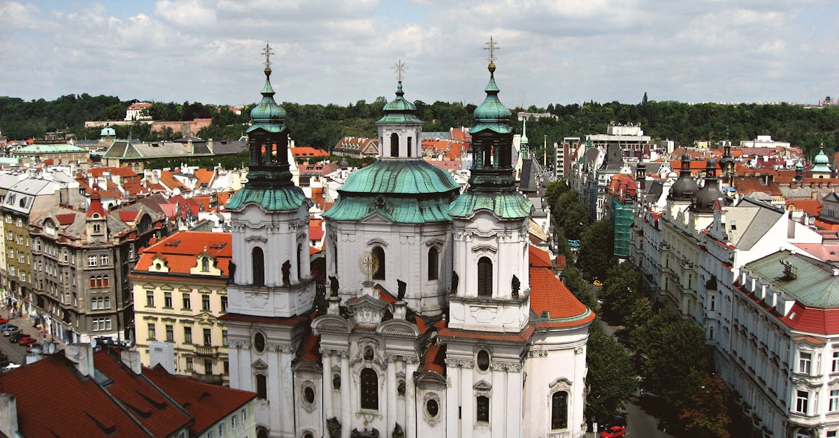 Scenic aerial view of St. Nicholas Church in the Old Town of Prague, Czechia.