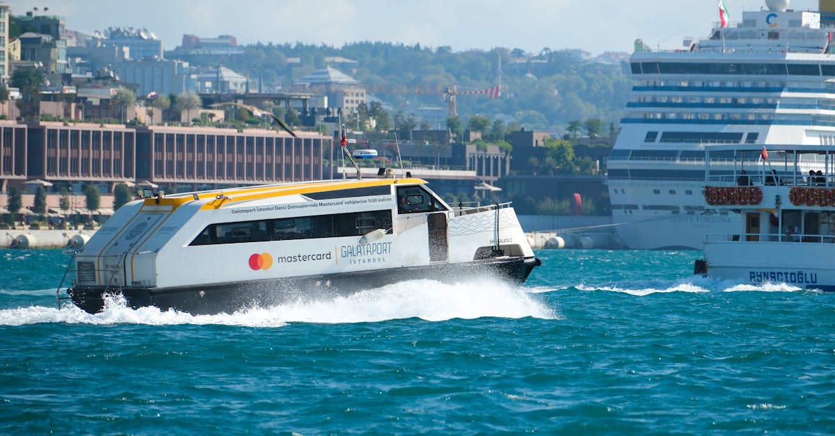 Ferry cruising on the Bosphorus with a backdrop of a large cruise ship and cityscape in Istanbul.