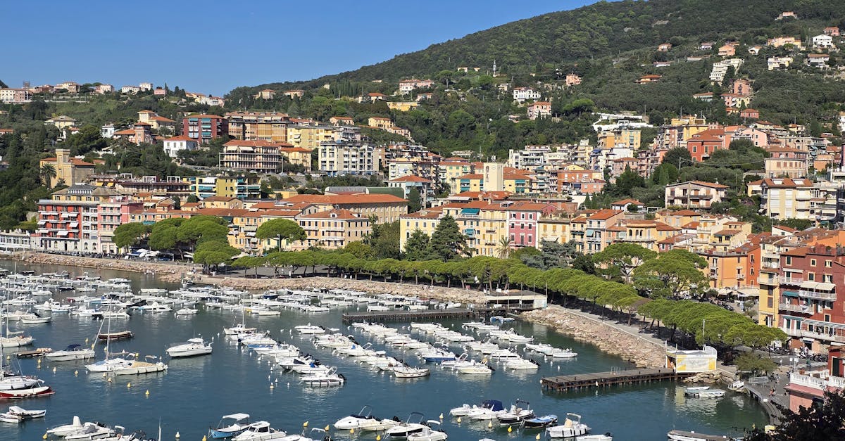Aerial view of a vibrant Mediterranean coastal town with a marina full of boats, surrounded by lush green hills.