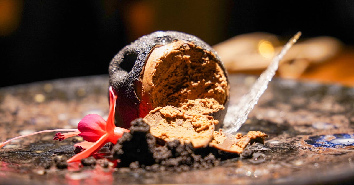 Close-up of a gourmet chocolate dessert garnished with an edible flower, showcasing culinary artistry.