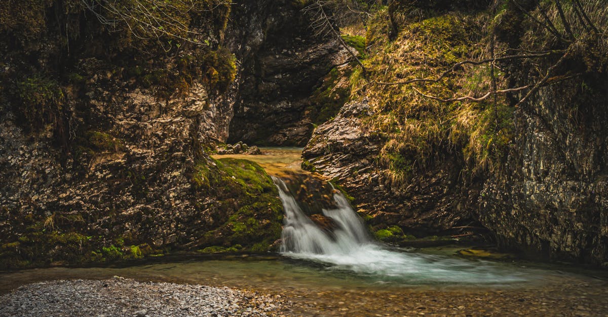 A peaceful waterfall amidst a rocky forest, with lush greenery and flowing water.