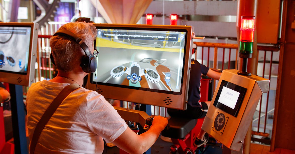Individual using interactive simulator at a tech exhibit indoors.
