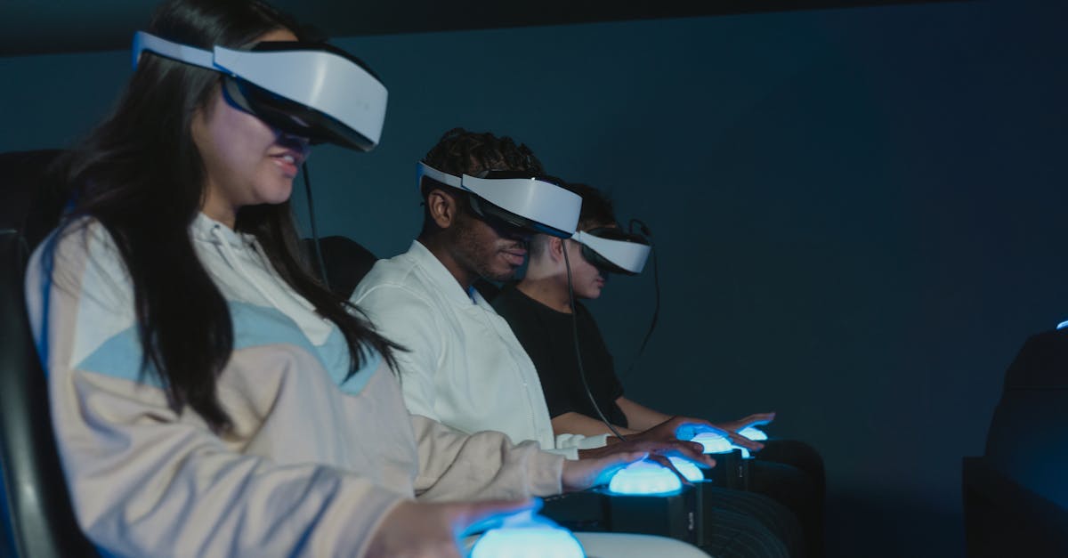 Adults engaged in a thrilling virtual reality simulation wearing advanced VR headsets.