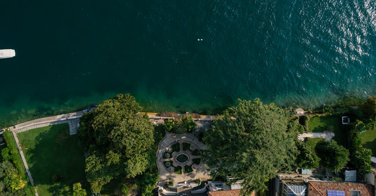Drone shot of beautiful coastal homes with lush gardens by the vibrant ocean.