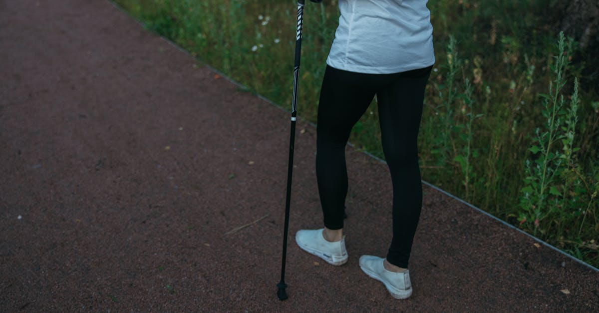 A person in athletic wear uses a trekking pole while walking on a forest pathway.