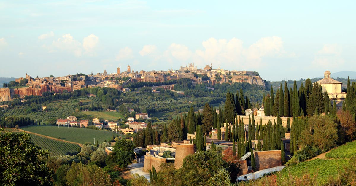 A breathtaking view of Orvieto, Italy showing rolling hills and iconic cypress trees in summer light.